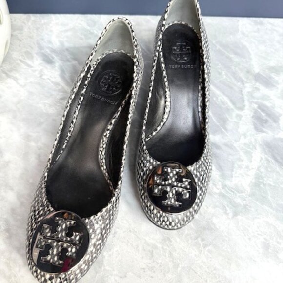 Tory Burch Sally Wedge Polka Dot Snakeskin RARE (Black & White & Pewter) - Picture 1 of 6